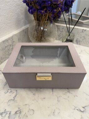 Stackers Eyewear Storage Box Glass Lid Taupe Gold Hardware